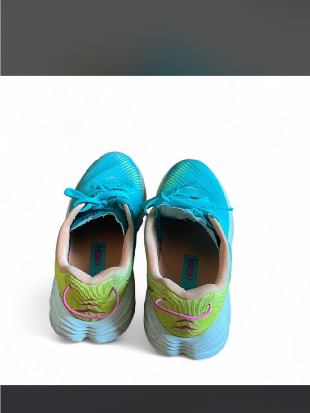 Hoka Woman Turquoise & Yellow Athletic Sneaker with Pink Logo - Picture 2 of 4